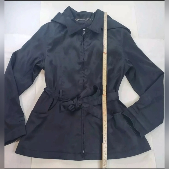 Vntg Women's Jacket Removable Hood Belt Black Silky CS Signature Ukraine Made S - Picture 5 of 11